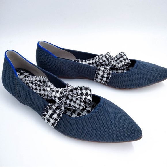 Rothy’s Mary Janes Ink Gingham Flats - Navy Blue With Bow - Picture 2 of 11
